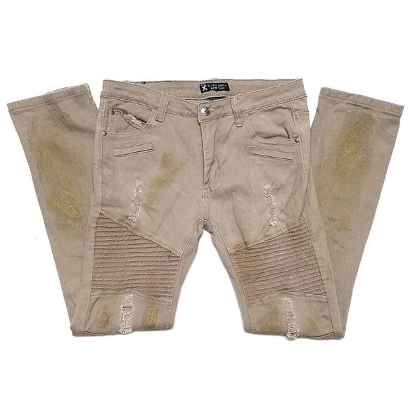 SEVEN Souls Tan Gold Painted Distressed Moto Jeans - Picture 3 of 11